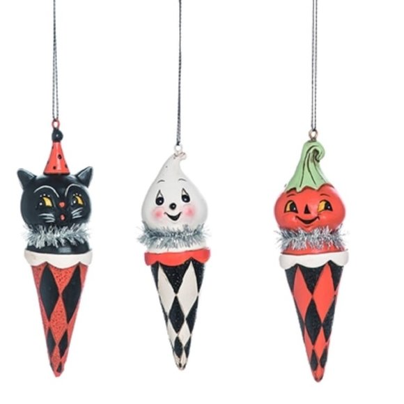 Johanna Parker Halloween Cone Ornaments - Black Cat, Ghost & Pumpkin - Set of 3 - Picture 1 of 2